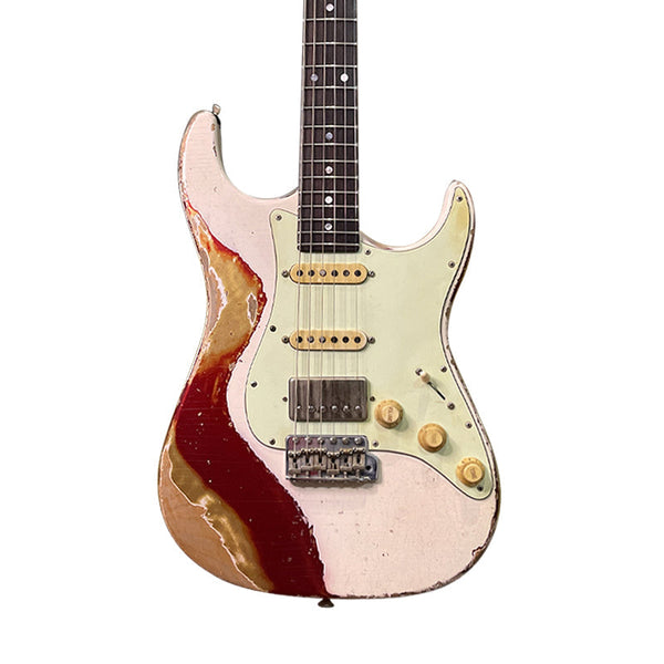 AGOSTIN CUSTOM GUITARS Classic S Relic HSS Aged Olympic White Over Candy Apple Red 2024 Electric Guitar Usato