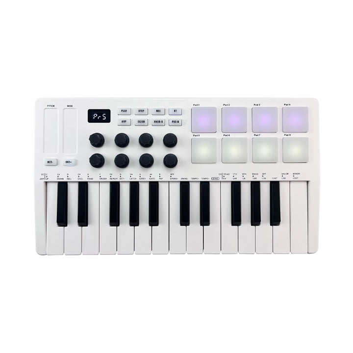 M-VAVE SMK-25 MKI White Controller Tastiera MIDI Wireless / USB a 25 Tasti Mini con 8 Pad Retroilluminati, 8 Manopole e 2 Strisce Touch Usato